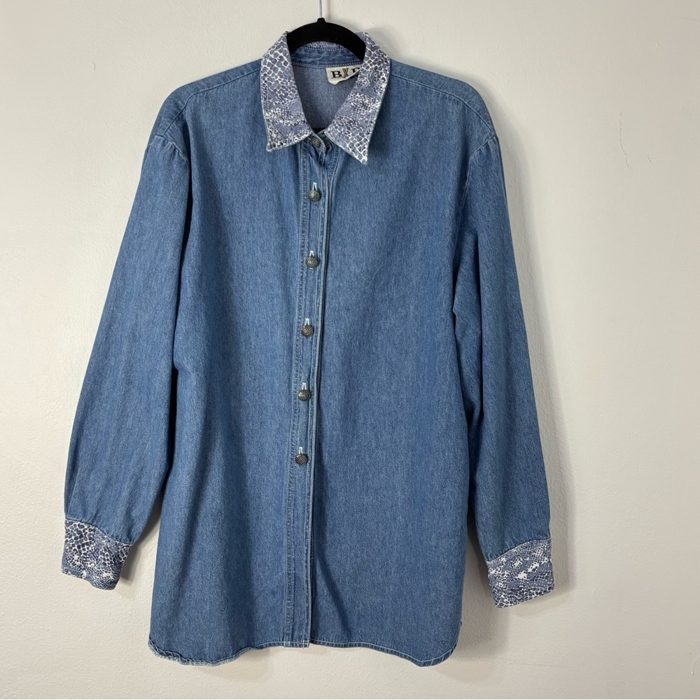 Vintage 90s Denim Shirt Patterned Collar Western Boho Oversized Layering Cottage
